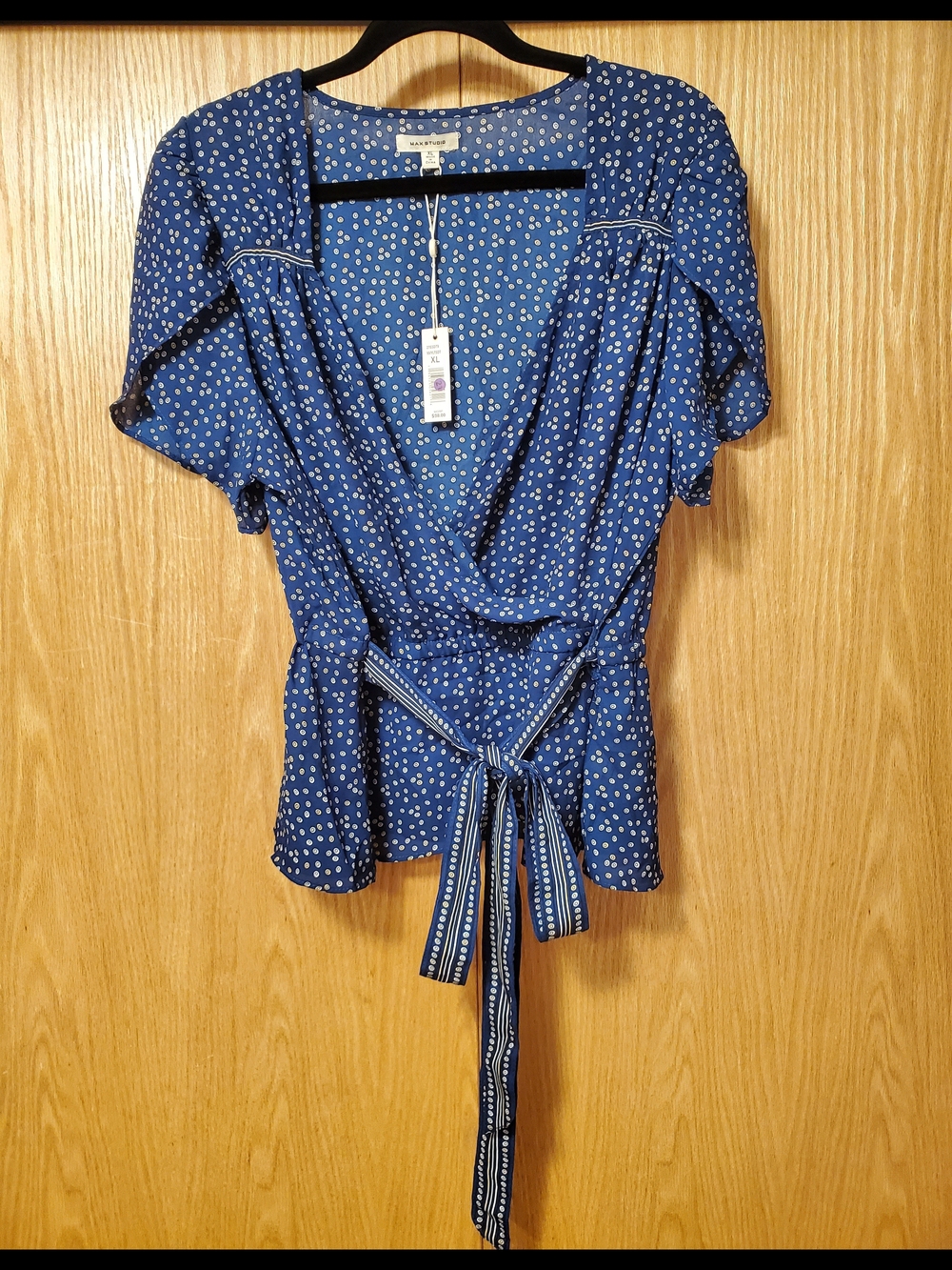 NWT Max Studio Blue Polka Dot Wrap Style Blouse with Tie